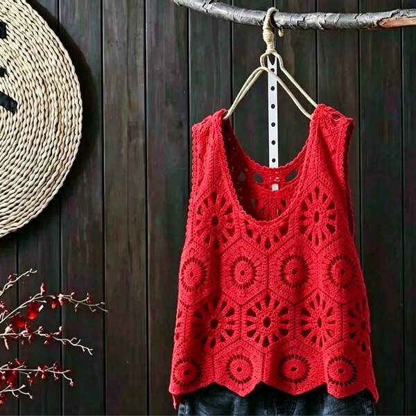 Women's Fashion Solid Color Hollow Handmade Crochet Asymmetrical Hem Sleeveless Loose Casual Knit Top Red