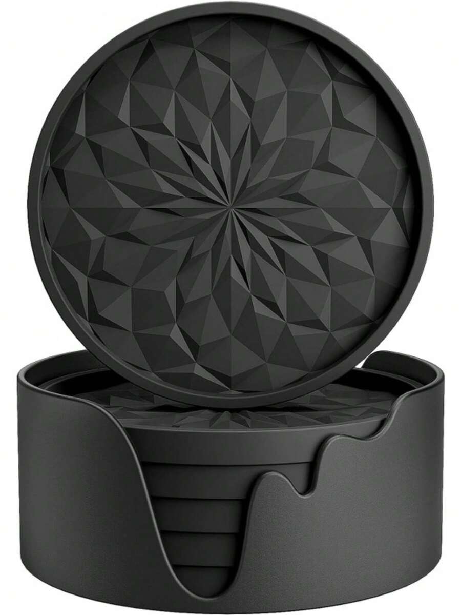 7/6/3/1pc/Set Thickened Solid Color Heat-Resistant Silicone Coasters With Storage Rack, Geometric Diamond & Round Design Non-Slip Drink Cup Mats, Suitable For Coffee Cups, Wine Glasses, Kitchen Dining Table Party Home Decor Accessories, Christmas Decoration
