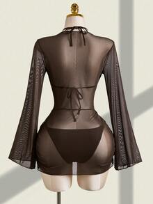 Women's Brown Halter Bikini 3-Piece Set, Includes Flared Sleeve Ruched Ruffle Wrap Skirt, Elegant Sexy Casual, Suitable For Spring/Summer Vacation Beach Party - Brown - View 10