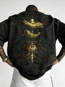 Men's Summer Mysterious Eye Gold Print Front & Back Short Sleeve, Vintage Acid Wash Street Casual Top - Black - View 2
