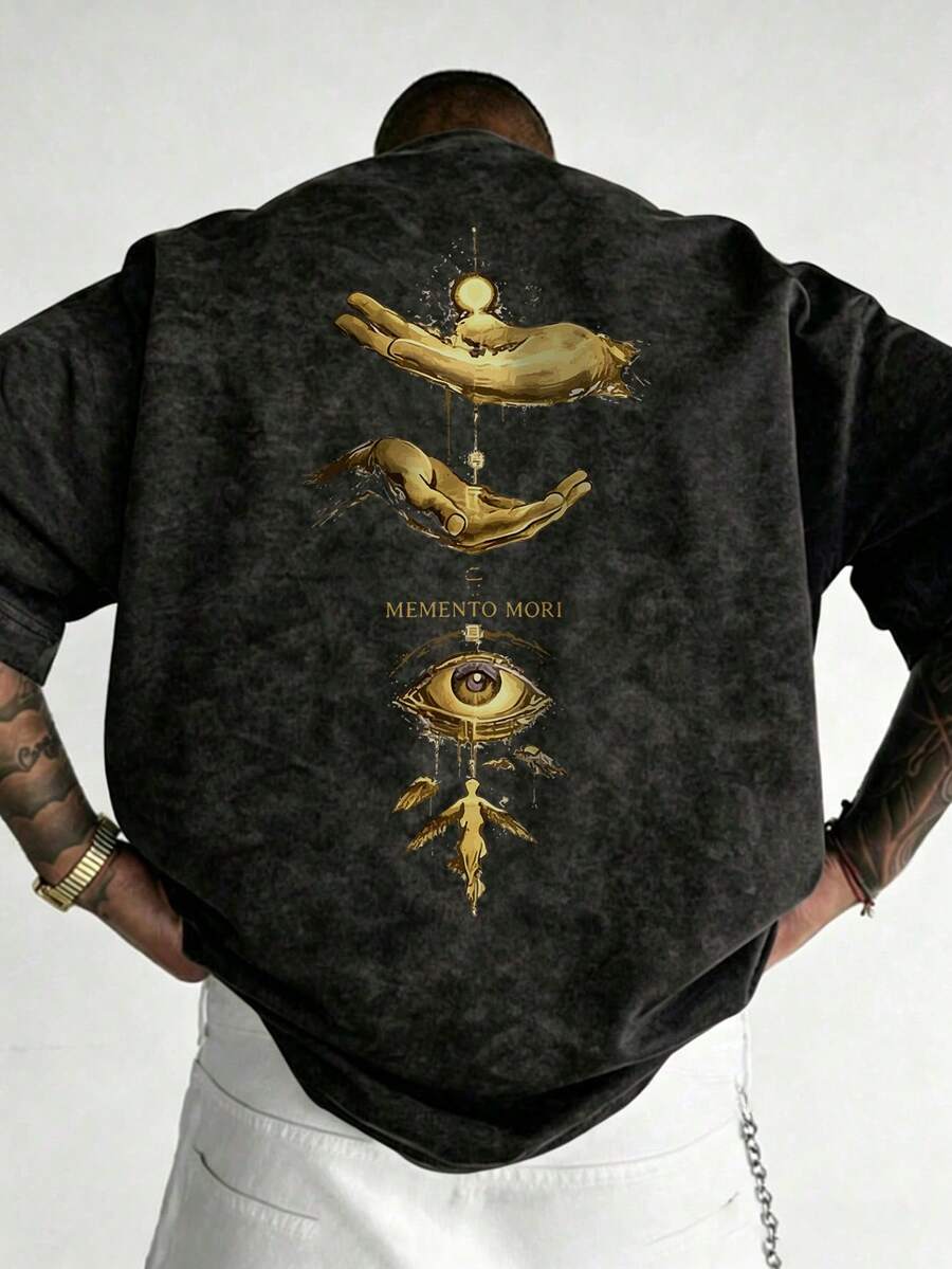 Men's Summer Mysterious Eye Gold Print Front & Back Short Sleeve, Vintage Acid Wash Street Casual Top