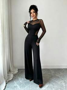 Women's Round Neck Mesh Patchwork Casual Daily Wear Jumpsuit - Black - View 4