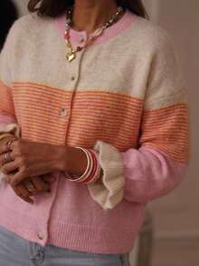 Women's Plus Size Colorblock Casual Versatile Daily Wear Cardigan - Multicolor - View 2