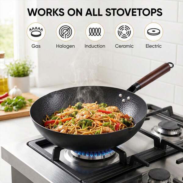 13 Inch Carbon Steel Wok Pan, Pre-Seasoned Nonstick Flat Bottom Wok For Chinese Cooking, No Chemical Coated Wok Flat Bottom Hand Hammered Chinese Wok For Induction, Electric, Gas, Halogen All Stoves, No Lid.