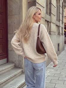Pakaian Musim Gugur Wanita Y2K Sweater Pullover Lengan Panjang Raglan Leher Bulat Rajut Tekstur Polos untuk Wanita, Pakaian Kasual Sehari-hari - Sampanye - View 2
