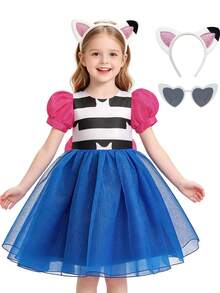 Halloween Carnival Easter Birthday Party Large Bow Ball Gown Cartoon Cat Print Cosplay Outfit Ruffle Sleeve Dress With Headband And Glasses - Blue - View 7