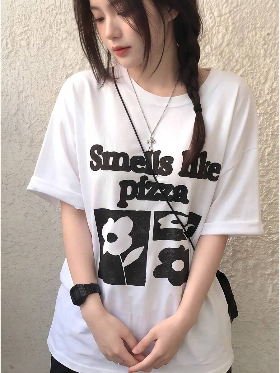 Women Black Loose Crew Neck Y2K Short Sleeve Letter Print Versatile Summer Tee Fast Local Delivery - 白色 - 查看 1