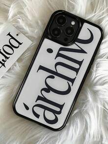 Ins Niche Old Money Style Minimalist English Electroplated Silver Edge Full Coverage Phone Case Compatible With Iphone 16 Pro Max, Apple 17 Pro Max, 1/3/12/11, 14 Pro (No Tag) - Black and White - View 3