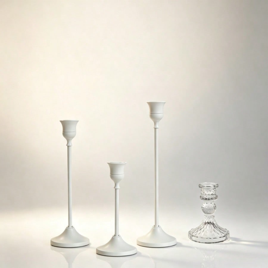 French Ins Cream Style Matte White High-Low Iron Long Stem Candlestick 3 Pieces Set, Vintage Diamond Cut Crystal Glass Single Head Candle Holder, Home Wedding Dining Table Candlelight Dinner, B&B Bridal Room Atmosphere Desktop Decor Photo Prop