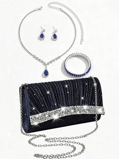 Women's Evening Clutch Bag With Rhinestone, Chain Shoulder Bag, Dress Bag, Rhinestone Necklace, Earrings, Bracelet, Party Jewelry Set 4pcs