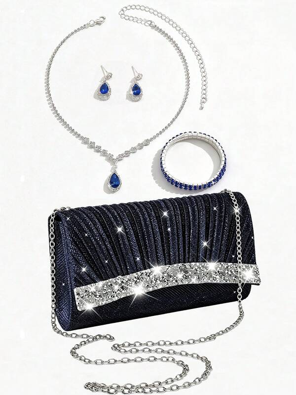 Women's Evening Clutch Bag With Rhinestone, Chain Shoulder Bag, Dress Bag, Rhinestone Necklace, Earrings, Bracelet, Party Jewelry Set 4pcs