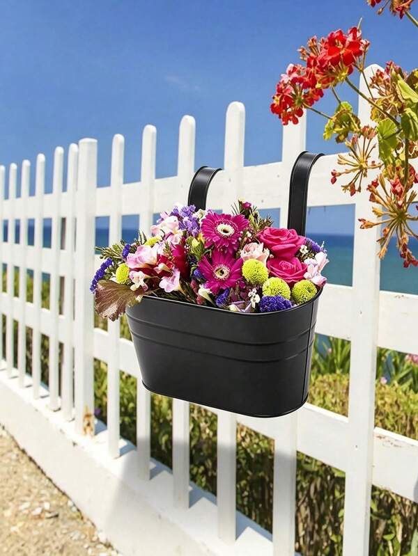 Black Iron Hanging Metal Flower Pot Balcony Railing Wall-Mounted Bucket Set, Suitable For Home Gardening, Balcony Yard Renovation, Green Plant Cultivation, Balcony Railing Hanging Planting Pothos Succulents, Fence Decoration Planting Flowers, Window Sill Railing Flower Display, Yard Landscaping Green Plant Cultivation, Pot Bottom With Drainage Holes To Prevent Water Accumulation And Root Rot, Adjustable Hook Width Fits Most Railing Pipe Diameters, No-Drill Installation Easy To Handle And Care, Saves Flat Space, Durable And Highly Attractive Wall-Mounted Green Plant Planting Pot, Portable Flower Pot For Back To School Season