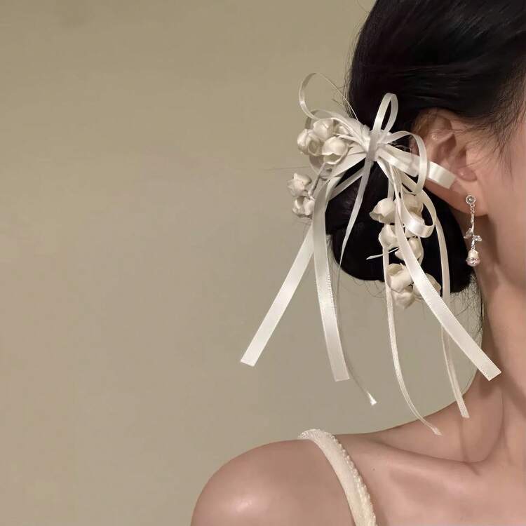 2Pcs/1pc Pink Satin Ribbon Bow Hair Clips With Lily Of The Valley Tassel, Sweet Long Streamer Side Barrettes, Women Romantic Hair Accessories - Multicolor - View 3