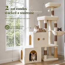 Cat Tree Tower, Scratching Posts With 2 Spacious Condos, 2 Platforms, Self-Grooming Brush, Cozy Basket, Step-By-Step Climbing Pathway For Indoor Cats, 51.2 Inches, Beige And Brown - Beige and Brown - View 3