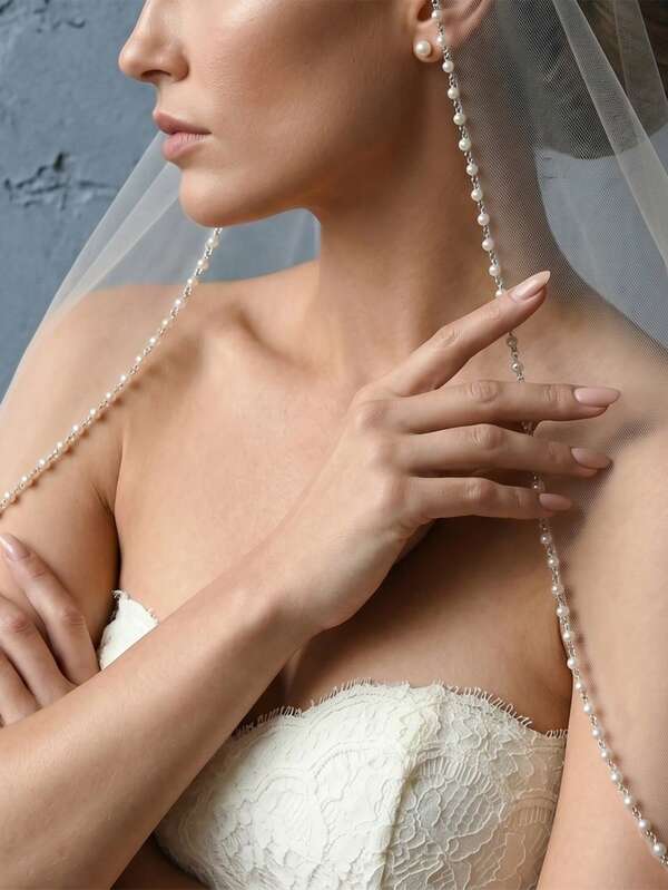 1pc Exquisite Handmade Beaded Bridal Veil, Waist Length, With Hair Comb, Suitable For Wedding Dress And Church Wedding