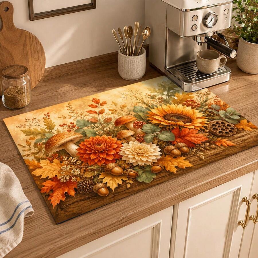 1pc Autumn Floral Harvest Pattern Diatomaceous Earth Kitchen Dish Drying Mat, Fast-Absorbing Quick-Dry Non-Slip Dish Drying Mat & Coffee Machine Mat, Suitable For Kitchen Countertop, Dining Table And Thanksgiving Home Decor - Multicolor - View 1