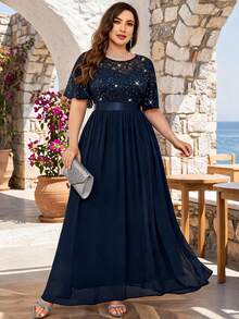 Plus Size Sequin Floral Lace Butterfly Sleeve Chiffon Pleated Hem Evening Party Long Dress Elegant Summer - Navy Blue - View 1