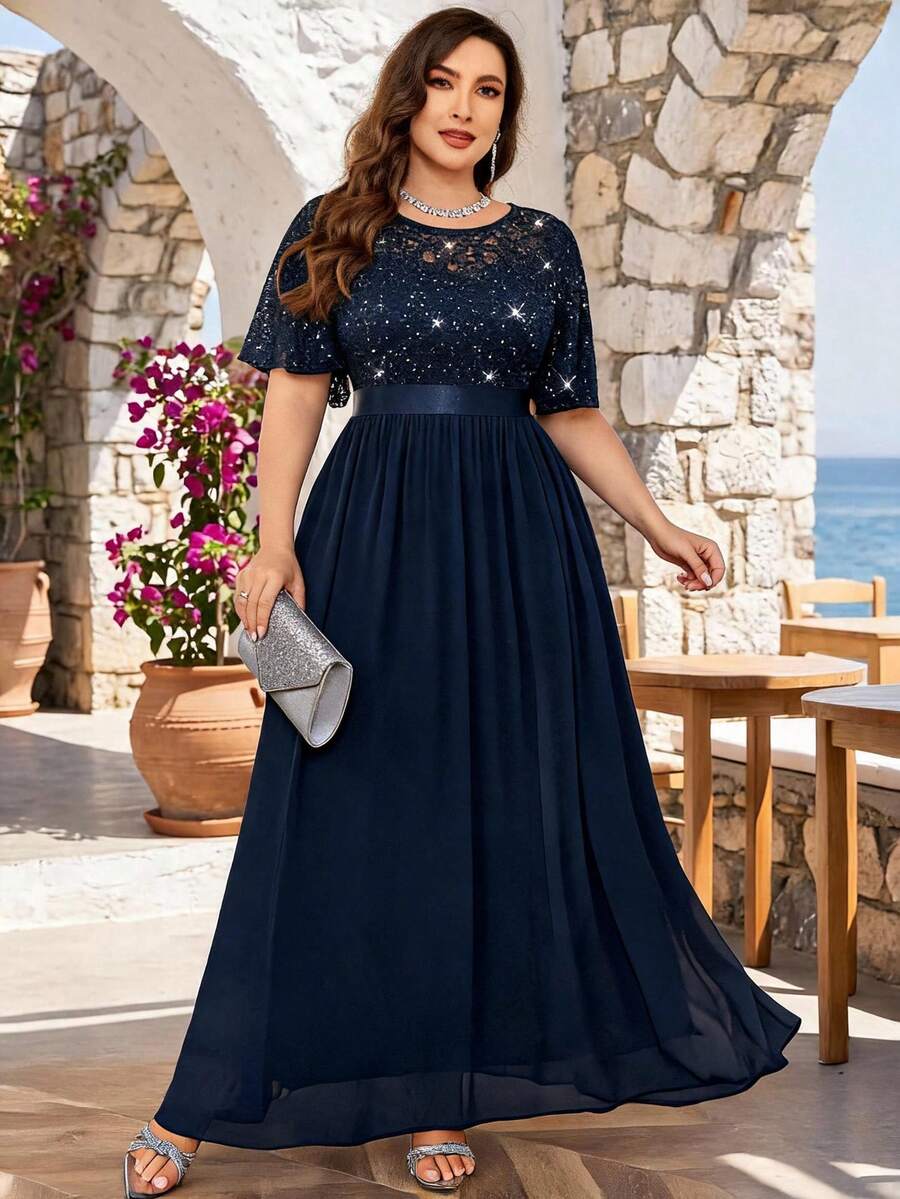 Plus Size Sequin Floral Lace Butterfly Sleeve Chiffon Pleated Hem Evening Party Long Dress Elegant Summer - Navy Blue - View 1