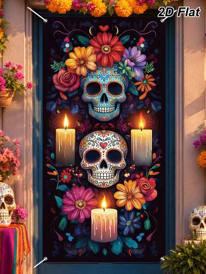 1 pieza Bandera colgante para puerta del Día de Muertos con diseño de calavera de azúcar, bandera colgante de calavera de flores del Día de Muertos de poliéster, decoraciones del Día de Muertos, suministros para fiestas, suministros mexicanos, decoración de fiesta con tema mexicano, decoración de fondo fotográfico