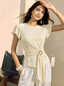 Cream Ruffle Cap Sleeve Wrap Waist Tie Top, Women Elegant Summer Round Neck Metal Buckle Self Sash Slim Fit Casual Blouse - Light Yellow - View 2
