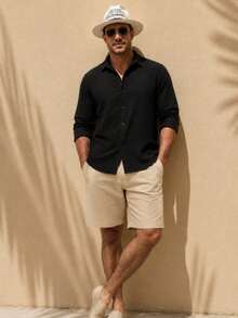 Men Solid Linen Blend Solid Color Button Front Collared Casual Long Sleeve Shirt - Black - View 2