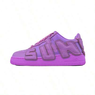 NK Unisex Purple Leather Low Top Sneakers, 3D Large Letter Patch Decor Purple A…