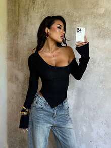 1pc Solid Color Knit Fabric Top, College Style, Autumn - Black - View 3