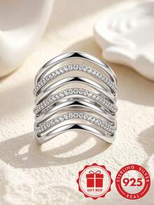 1pc S925 Sterling Silver Round White Zirconia Inlaid Ring For Women Engagement Wedding Band With Gift Box - Silver - View 2