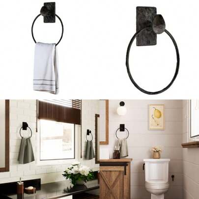 Wall Mount Railroad Spike Industrial Design Cast Iron Towel Ring With Hammered Effect Texture For Bathroom And Kitchen - Hand Towel Holder Hanger Rack - Black