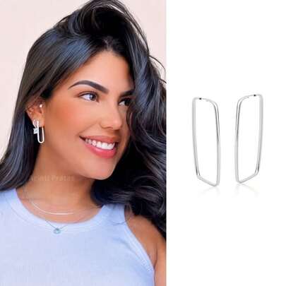 Brinco de Argola Retangular em Prata 925 Elegante Feminina