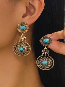 1Pair Ornate Antique Gold Drop Earrings , Boho Statement Design,Women's Versatile Vacation Statement Jewelry - Ancient Bronze - View 1