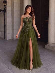 VIPGIRL Sleeveless Sequin Mesh Prom Dress With Asymmetrical Neck Design, Elegant Formal Evening Wedding Guest Gown, For Graduation, Dinner Party Dress Spring - Green - View 4