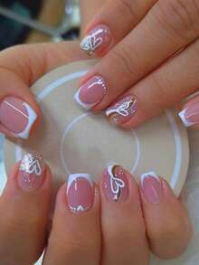 24pcs Short Square Fake Nails Full Set, Glitter Heart White French Design, Includes 1pc Jelly Glue And 1pc Nail File, Suitable For Valentine's Day Party, Prom And Daily Wear, Removable And Reusable - Multicolor - View 7
