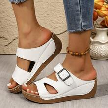 Women's Fashionable Solid Color Wedge Sandals – Comfortable Arch Support, Breathable Outdoor Sandals; Versatile And Stylish Design, Soft Sole. - Upgrade White - View 6