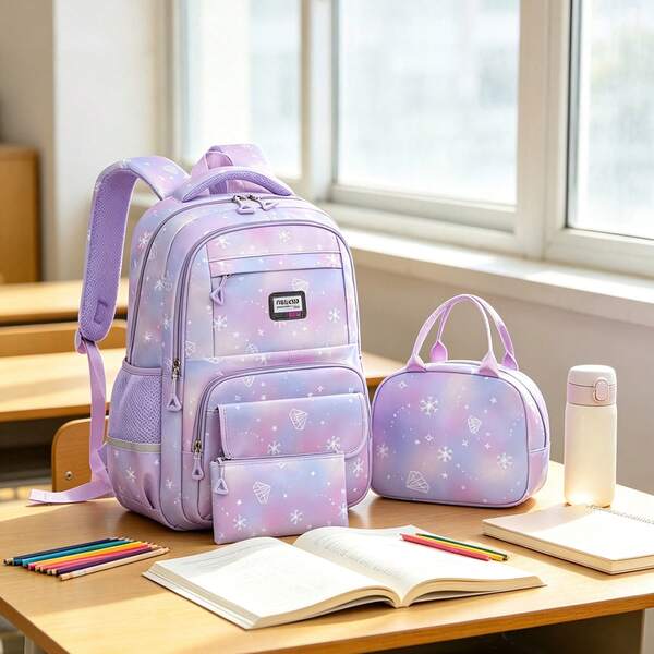 3pcs Purple Girls Backpack, Handbag, Pencil Case Set, Back To School Backpack, Lightweight School Bag, Suitable For Teen Girls Casual And Travel