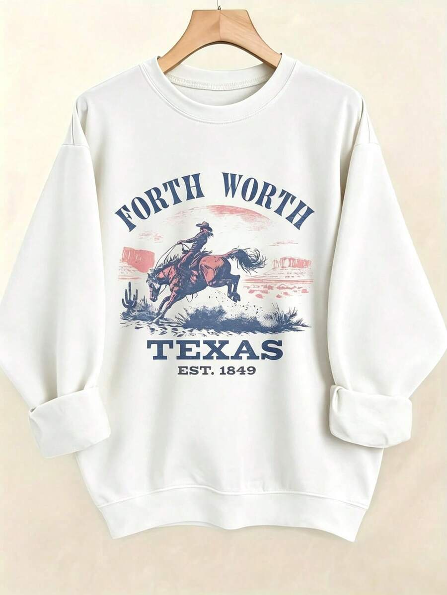 Women's Western Style Fort WorthTexasEST1849CowboyPatternHoodieSoftCrewNeckPulloverWith Cactus And Longhorn DesignComfortableCasualLongSleeve Sweater - 白色 - 查看 1