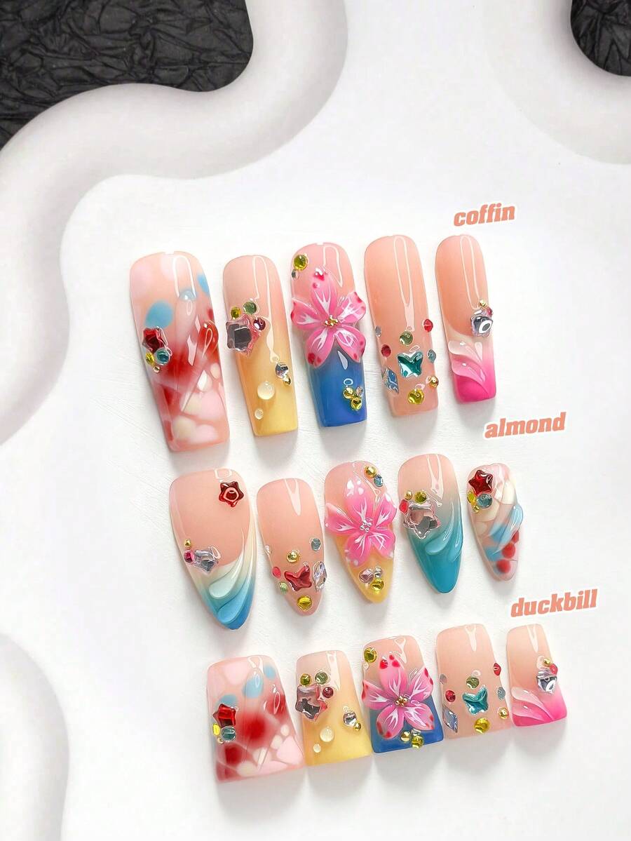 10片夏季島嶼風手工穿戴甲，Polygel美甲套組，水鑽花卉圖案，黃色與藍色指甲油，甜酷女孩風，附美甲工具，3種尺寸可選，杏仁/鴨嘴/棺材形，適合派對、跳舞、日常配戴 - 彩色 - 查看 1