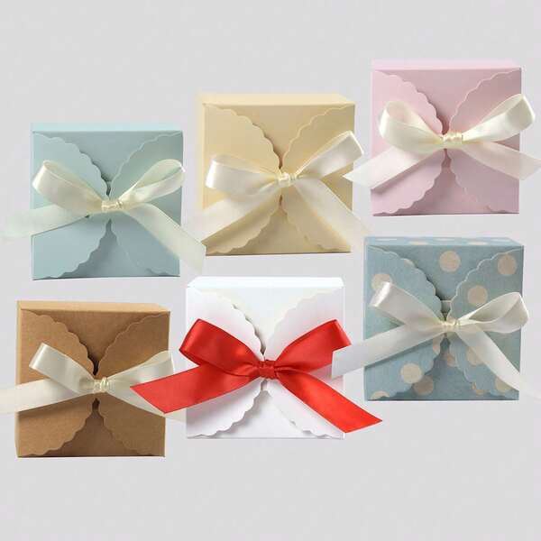 Elegant Wavy Edge Square Paper Gift Box With Ribbon Bow, Solid Color Polka Dot, Party Favor Packaging Box, Small Candy Gift Box, Wedding Birthday Bridal Shower Anniversary Celebration Party Supplies