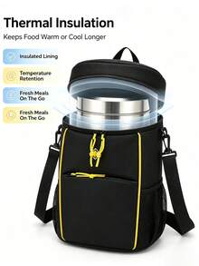 Portable Tennis Bucket Bag, Lunch Tote & Crossbody Storage, Quick Flip Lid, Front Zip Pocket, Mesh Side Pockets, Adjustable Strap, Self-Standing Base. Durable Nylon, Black/Yellow. For Outdoor Sports & Commuting. - Black - View 4