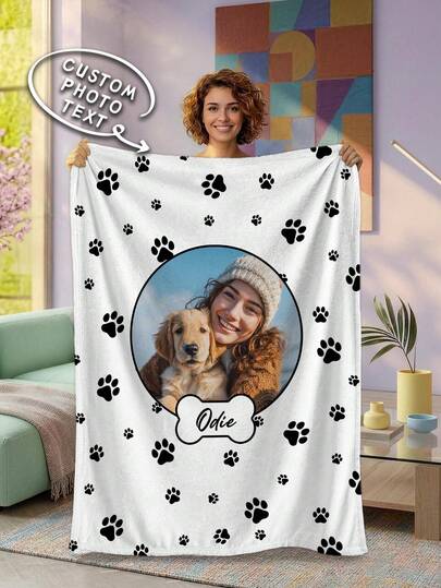 1pc Customized Face Pet Pattern Blanket, Multi-Purpose Living Room Sofa Outdoor Beach Camping Pet Blanket, Personalized Home/Pet/Couple Bed Blanket, Personalized Christmas Gift, Birthday Gift, Gift For Friends/Son/Daughter