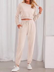 Women Fall 2 Piece Outfits Casual Long Sleeve Crop Top Drawstring Pant Jogger Suit Jumper Sportswear Sweatsuits Tracksuit Matching Set - Beige - View 5