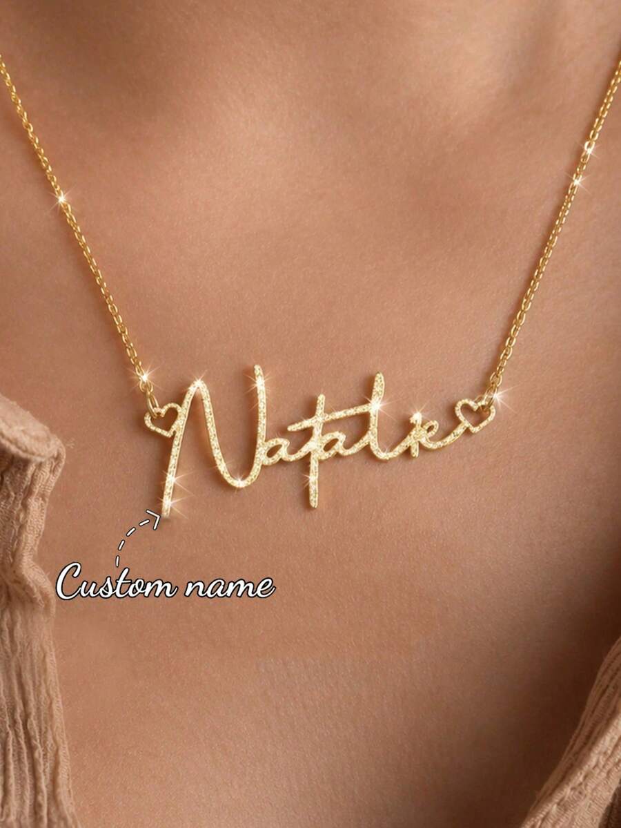男女皆宜的定制名字项链,时尚个性魅力简约草书字体不锈钢五角星颈链吊坠项链,生日饰品,母亲节送给妈妈的家庭节日礼物 - 打砂金色-款式2 - 查看 1