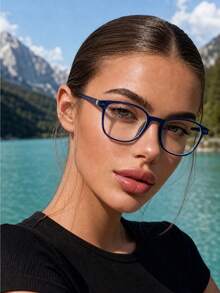 1pc Women's Royal Blue Eyeglass Frame, Classic Retro Rectangular Non-Prescription Glasses, Transparent Zero-Degree Lenses, Lightweight And Comfortable, Suitable For Daily Commute And Office Wear - Blue Transparent - View 1