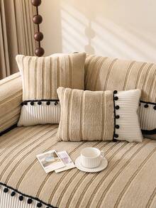 ALPLUME 1pc Asymmetrical Wavy Edge Pom Pom Design Sofa Cover, Soft And Comfortable Fabric, All-Season Universal Sofa Pad, Non-Slip, Wear-Resistant, Pet-Friendly, Short Plush, European Luxury Style, High-End, Timeless, Suitable For Living Room, Bedroom, Office And Other Occasions, Providing Warmth And Comfort For Home Decor - Khaki - View 8