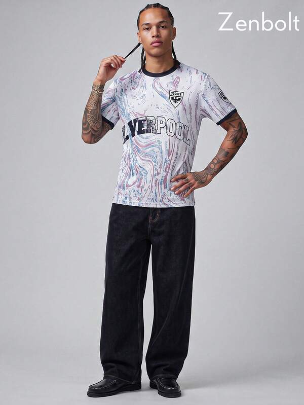 Zenbolt Men's Crew Neck Team Short Sleeve Jersey, Marbled Allover Print,Front Team Letter & Shield Badge, Mesh Fabric Loose Daily Casual Fit