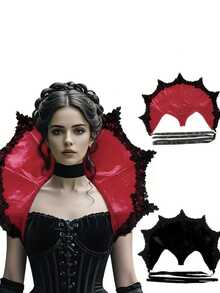 1pc Dark Theme Vampire Lace Cape With Stand-Up Collar, Embroidered Fan-Shaped Mesh Design With Spider Web Pattern, Perfect For Halloween Party, Cosplay Props - Multicolor - View 2