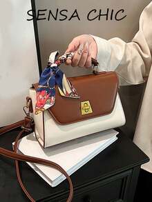 印花絲巾裝飾對比色手提包 金屬鎖扣開合 高級小眾設計 適合上班、購物、旅行與日常出遊 - 白色 - 查看 5