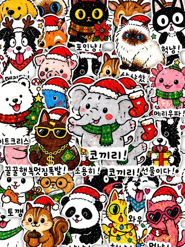 50pcs Santa Hat Winter Animal Portrait Stickers, Artistic Graffiti Stickers For Decorating Water Bottles, Laptops, Suitcases, Cars, Waterproof Stickers For Teens Adults, Birthday Decorations, Back To School Decor