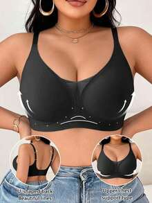 Plus Size Women's Solid Color Casual Everyday Spaghetti Strap Bra - Black - View 1