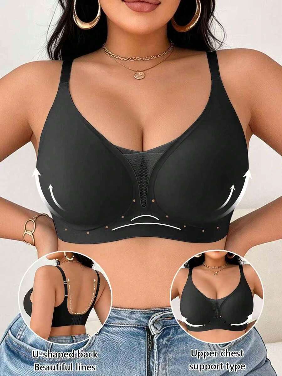 Plus Size Women's Solid Color Casual Everyday Spaghetti Strap Bra - Black - View 1